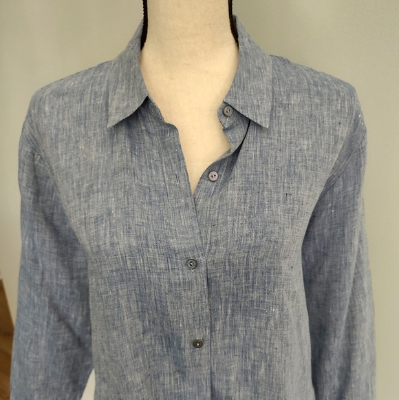 Eileen Fisher Yarn-Dyed Handkerchief Organic Linen Button Up Chambray Shirt PM - Picture 4 of 11